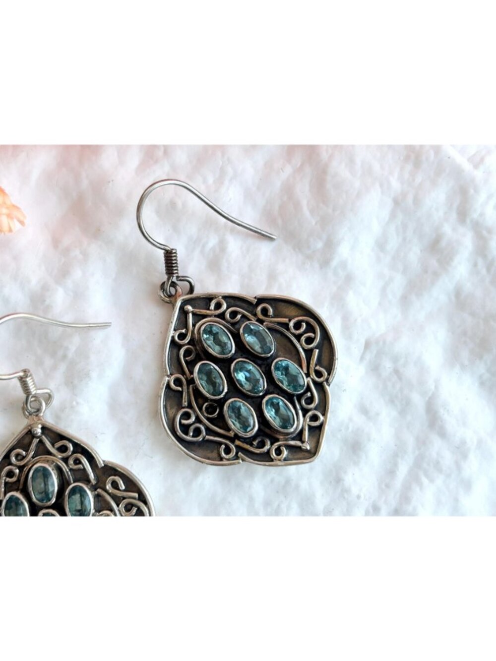 Blue Topaz Gemstone Oval Balinese Inspired Sterling Silver Vintage 925 Earrings - Picture 2 of 14